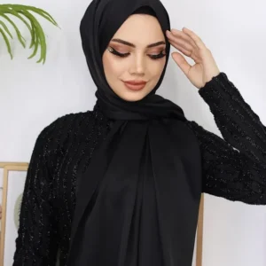 Hijab - Metallisk Satin Slöja - Svart - Image 2
