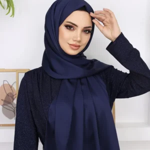 Hijab - Metallisk Satin Slöja - Midnattsblå - Image 3
