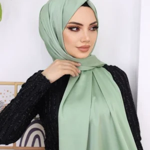 Hijab - Metallisk Satin Slöja - Grön - Image 4
