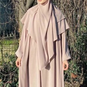 3 - Delars Medina Silk Abaya Set - Khimar Och Niqab - Beige - Image 1