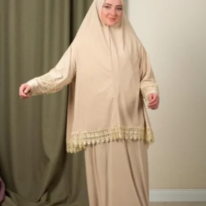 Tvådelat set bönkläder med spetsdetaljer - Cashew biege - Image 7