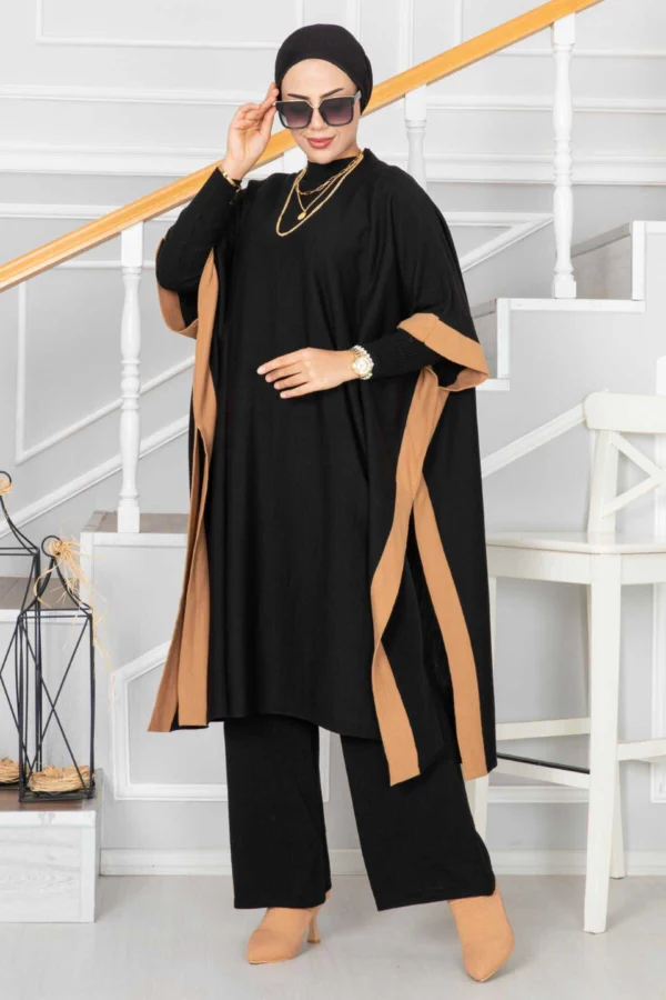 Svart 3-delat trikåset dam med kofta och byxor Elegant svart modest set i mjukt trikåmaterial Stickat damset i svart för Ramadan och vardag