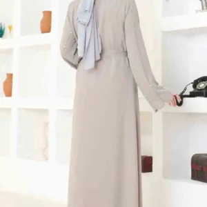 Borderad Ärmar Abaya - Beige - Image 3