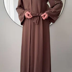 Borderad Ärmar Abaya - Brun - Image 5