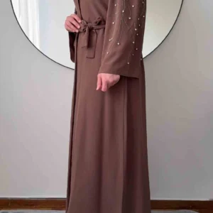 Borderad Ärmar Abaya - Brun - Image 3