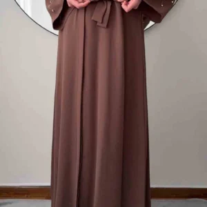 Borderad Ärmar Abaya - Brun - Image 4