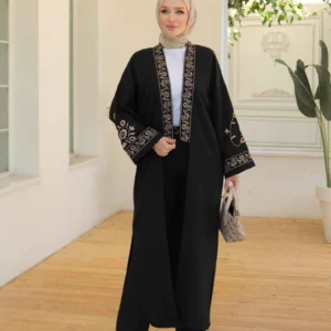Abaya och byxor broderade med blommor - Svart - Image 3