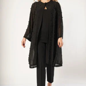 Plus-Sized Lång Chiffongjacka, Med Pärlor – Svart - Image 5