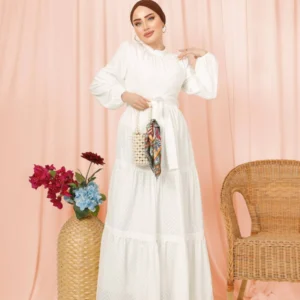 Långärmad klänning med knytskärp - Vit - Image 3