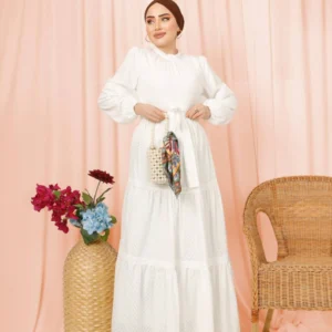 Långärmad klänning med knytskärp - Vit - Image 4