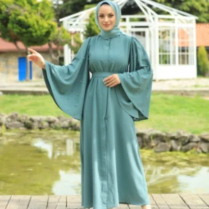 Fjäril Abaya Med Pärlor - Grön - Image 3