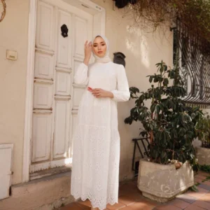 Långärmad Klänning Med Broderie Anglaise - Vit - Image 5