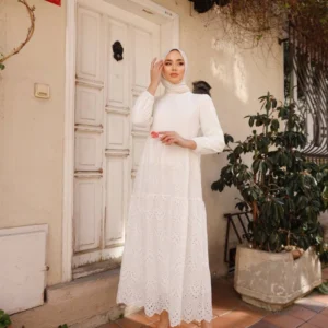 Långärmad Klänning Med Broderie Anglaise - Vit - Image 3