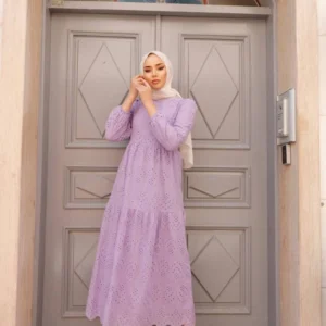 Långärmad Klänning Med Broderie Anglaise - Lila - Image 5